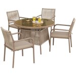 Ensemble jardin rotin moderne ? table ronde verre + 4 fauteuils, structure fer, terrasse / balcon