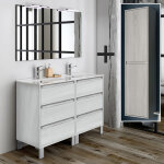 Ensemble meuble de salle de bain 120cm double vasque + colonne de rangement - hibernian (bois blanchi) ...