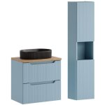 Ensemble meuble suspendu avec vasque noir 60 cm plan ch�ne et colonne 30 x 140 cm nova denim bleu