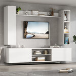 Ensemble meuble tv blanc 4 pi�ces avec vitrines, tv - bas, �tag�re murale, compatible tv jusqu'� 80 , ...