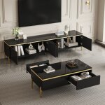 Ensemble meuble tv et table basse avec 1 meuble tv et 1 table basse, grand rangement, style luxe discret, ...