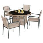 Ensemble mobilier de jardin moderne en rotin avec table ronde en verre et 4 fauteuils, structure en fer, ...