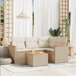 Ensemble de salon de jardin 5 places en r�sine tress�e beige avec table en acacia et coffre rangement ...