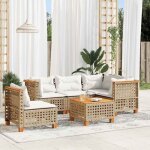 Ensemble salon jardin 6 places r�sine tress�e beige avec coussins cr�me et table acacia modulable