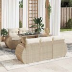 Ensemble salon jardin 6 places r�sine tress�e beige avec coussins, table verre tremp�, rangement et housse ...