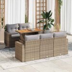 Ensemble salon jardin 6 places r�sine tress�e beige avec table acacia et coussins gris modulables stockage ...