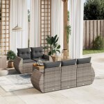 Ensemble salon jardin 6 places tress� r�sine gris avec coussins et table acacia