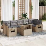 Ensemble salon jardin 8 places r�sine tress�e beige avec table extensible et rangements int�gr�s