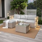 Ensemble de salon de jardin exterieur en polyrotin, canap� d'angle avec coussins d'assise et de dossier, ...