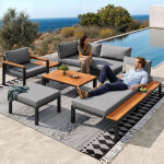 Ensemble de salon de jardin modulable 7 places, coussins respirants et tables en bois, cadre m�tallique ...