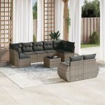 Ensemble salon jardin r�sine tress�e gris 10 places avec coussins et table verre tremp�