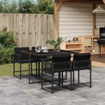 Ensemble table et 4 chaises jardin 5pcs en r�sine tress�e noir avec coussins amovibles et toit en verre ...