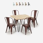 Ensemble table 80x80cm m�tal bois 4 chaises vintage de style bar cuisine hedges light - bronze