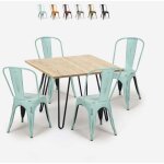 Ensemble table 80x80cm m�tal bois 4 chaises vintage de style bar cuisine hedges light - turquoise