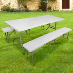 Skylantern - ensemble table et bancs pliables blanc 180cm - lot 1 table + 2 bancs pliant pour camping, ...