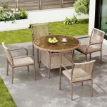 Ensemble table et chaises de jardin avec 1 table ronde et 4 fauteuils, avec coussins, pour terrasse et ...