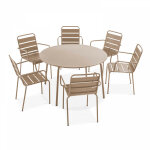Oviala - ensemble table de jardin ronde et 6 fauteuils acier taupe - palavas
