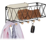 Etag�re murale avec portemanteaux, m�tal & bois, design grille, 6 crochets � vestes, 17 x 36 x 13 cm, ...