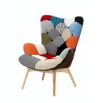Fauteuil rembourré en tissu patchwork avec pieds en hêtre Fauteuil rembourré en tissu patchwork avec pieds en hêtre