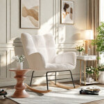 Fauteuil � bascule beige avec dossier haut et accoudoirs?mousse haute densit�?pieds en bois?tissu peluche?62. ...