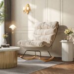 Fauteuil � bascule scandinave beige en lin, structure bois et m�tal, coussins �pais - 1 place
