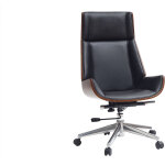 Fauteuil de bureau de direction design noir, bois fonc noyer et acier chrom curved