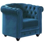 Vente - unique - fauteuil chesterfield - velours bleu canard