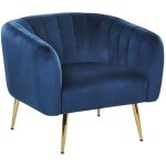 Fauteuil club cabriolet tapissé en velours bleu foncé avec pieds en acier doré design tendance pour chambre ... Fauteuil club cabriolet tapissé en velours bleu foncé avec pieds en acier doré design tendance pour chambre ...