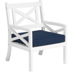 Fauteuil de jardin ou balcon en bois d'accacia blanc avec coussin d'assise bleu confortable pour terrasse ...