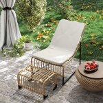 Fauteuil de jardin lounge sans accoudoirs avec pouf, coussin fixable, structure acier, en rotin, blanc ...
