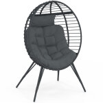 Fauteuil oeuf sur pied ajour� gris effet rotin avec coussin gris