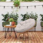 Fauteuil papasan pivotant 360� avec coussin confort, assise ronde, structure acier, en rotin gris clair ...