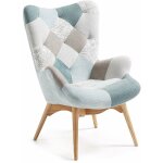 Fauteuil rembourré en tissu patchwork turquoise avec pieds en hêtre Fauteuil rembourré en tissu patchwork turquoise avec pieds en hêtre