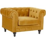 Fauteuil en velours jaune dossier � points diamant style classique chesterfield