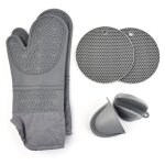 Ensemble de gants de four extra longs et de maniques : gants de four en silicone gris résistant à la ... Ensemble de gants de four extra longs et de maniques : gants de four en silicone gris résistant à la ...