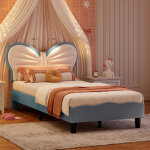 Foerpl - lit enfant fille 90x190 cm avec lampes led, lit simple rembourr� 90x190 avec t�te de lits r�glable ...