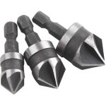 Un foret � t�te frais�e, un tranchant, diam�tre 12, 16, 19 mm, acier, queue hexagonale, angle de 45�. ...