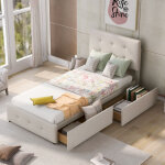 Fortuna lai - lit capitonne 90 x 200 cm - avec 2 tiroirs, sommier � lattes et t�te de lit relevable, ...