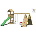 Aire de jeux fleppi avec rampe d'accs avec corde, mur d'escalade, toiture, bac  sable, toboggan vert ...