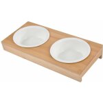 Double gamelles en c�ramique avec support en bambou - blanc et beige - d 12 x l 29, 5 x l 14 cm - livraison ...
