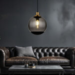 Lampe � suspension en verre lampe � suspension moderne en verre fum� noir, boule de verre en m�tal laiton ...