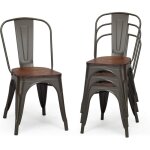 Lot de 4 chaises en mtal salle  manger avec assise en bois d'orme de epaisseur 2cm, style industriel, ...
