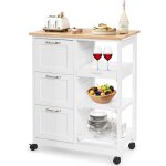 Desserte de cuisine a roulettes avec 3 tiroirs et 3 niveaux, chariot de cuisine en bois avec 1 plateau ...