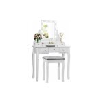 Goplus table de maquillage en bois, ensemble de coiffeuse et de tabouret avec miroir pivotant, luminosites ...