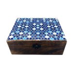 Grande bo�te en bois verni en c�ramique - 20x15x7, 5cm - �toiles bleues - vendu par 1