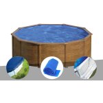 Kit piscine acier aspect bois gr� sicilia ronde 3, 20 x 1, 22 m + b�che hiver + b�che � bulles + tapis ...