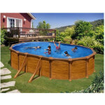 Gre - piscine ovale acier 5, 27m x 3, 27m x h: 1, 32m - imitation bois - filtration � sable - renforts ...