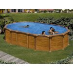 Gre ? piscine hors sol acier aspect bois ovale 6, 34 x 3, 99 x 1, 32 m ? volume 28, 21 m� ? liner pvc ...