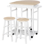 Homcom ensemble table de bar pliable sur roulettes avec �tag�re et 2 tiroirs + 2 tabourets bois pin mdf ...