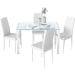 Homcom - ensemble table � manger rectangulaire et 4 chaises grand confort m�tal blanc plateau verre tremp� ...